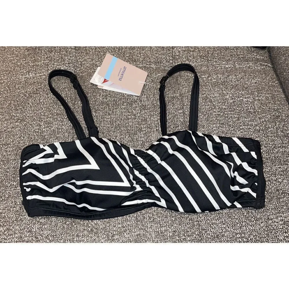 Amoena Convertible Swim‎ Bikini Top Size 12A Stripes Black White NWT